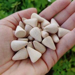 May include: A collection of small, light-colored wooden cones. The cones are held in a hand, with a blurred green background of foliage. The cones appear to be smooth and uniform in shape, suggesting a craft or decorative item.
