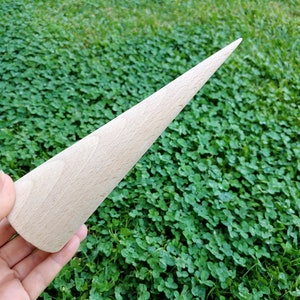 May include: A light wood cone-shaped object held in a hand against a background of green clover.