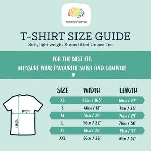 May include: A light green T-shirt size guide chart featuring the neurocreative logo, text instructions, and a diagram of a shirt with width and length arrows. A table lists sizes from XS to XXL with corresponding measurements in inches and centimeters.