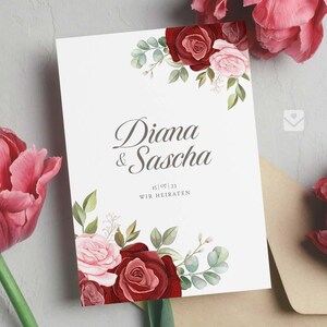 Invito di nozze classico / Düğün Davetiyesi con romantico bouquet di rose "Diana"