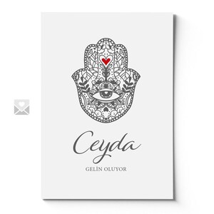 Henna uitnodigingskaart / Kina Gecesi Davetiyesi / Henna kaart / Kına Kartı "Ceyda" met Hamsa ontwerp (Fatima's hand) motief
