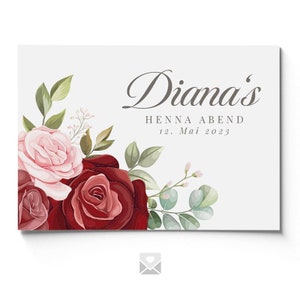 Henna uitnodigingskaart / Kina Gecesi Davetiyesi / Henna kaart / Kına Kartı "Diana" met dieprood rozenontwerp
