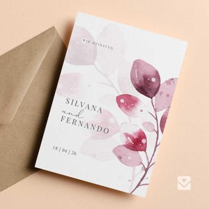 Invito di nozze romantico / Düğün Davetiyesi con foglie acquerellate in rosa "Silvana"