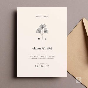 Minimalistische huwelijksuitnodiging / Düğün Davetiyesi met elegant ginkgobladontwerp "Elanur"