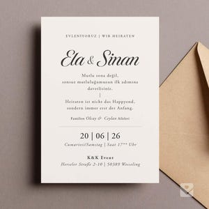Klassische Hochzeitseinladung / Düğün Davetiyesi mit cremefarbenem Hintergrund "Ela"
