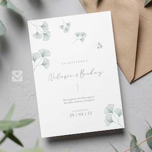 Invito a nozze elegante / Düğün Davetiyesi con foglie di ginkgo verde "Nilüfer"