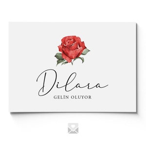 Cartão de convite para noite de henna / Kina Davetiyesi / Cartão de henna / Kına Kartı "Dilara" com rosa ilustrada