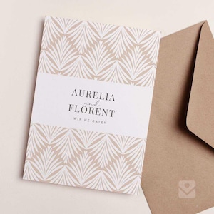 Elegante huwelijksuitnodiging / Düğün Davetiyesi met beige en wit Art Deco-patroon "Aurelia"