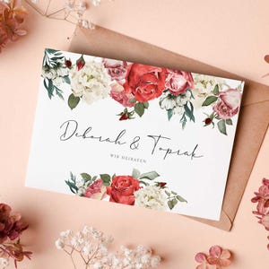 Elegante invito di nozze / Düğün Davetiyesi con corona floreale in rosso e bianco "Deborah"