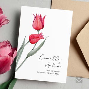 Elegante huwelijksuitnodiging / Düğün Davetiyesi met aquareltulpmotief "Camilla"