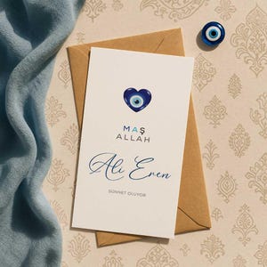 Soennah / Uitnodigingskaart met hart-nazar & Masallah-letters – Moderne soennahkaart in minimalistisch ontwerp "Ali Eren"