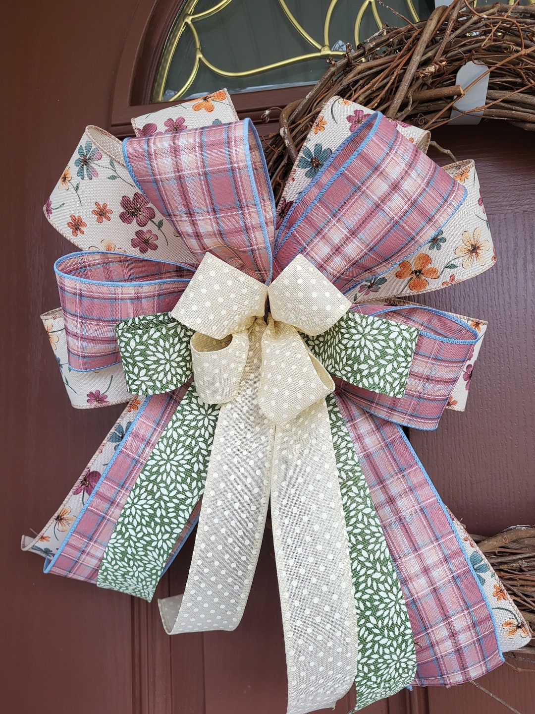 Floral Bow for Wreath, Cottage Style Floral Wreath Bow, Pink Spring ...