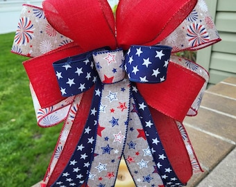 Patriotic Bow for Wreath, American Bow, Red White and Blue Bow, July 4th Wreath Bow, 4th of July bow, Red Premade Decorative bow, Stars and