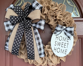 Wreath for front door, Neutral Burlap Farmhouse wreath, Everyday wreath, Year round wreath, Black White Home Decor, Country Farmhouse Decor