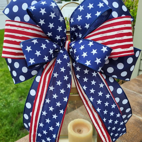 Patriotic bow, Wreath bow, Rustic Americana decor, Red white blue lantern bow, Red white blue bow, Lamppost decoration, Gift bow