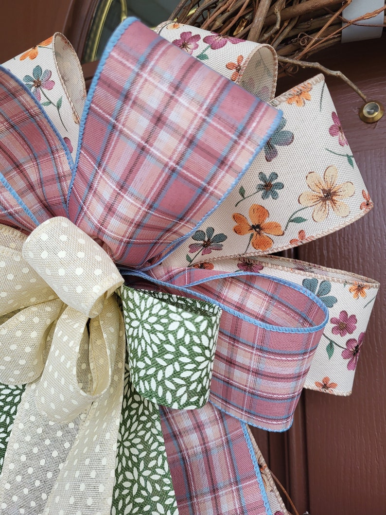 Floral Bow for Wreath, Cottage Style Floral Wreath Bow, Pink Spring ...