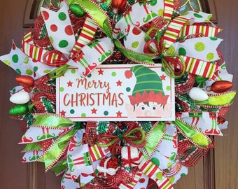 Merry Christmas wreath, Elf wreath, Elf returns, Christmas decoration, Whimsical Christmas wreath, Front door wreath, Red and green wreath