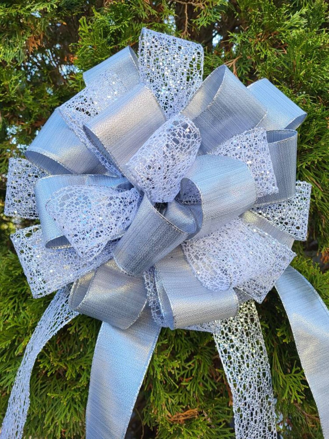 Large Christmas Tree Topper Bow, Large Silver With Glitter Bow