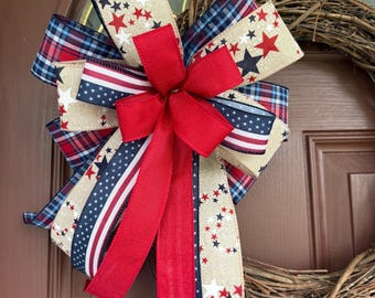 Patriotic 250th Bow for Wreath, Patriotic Wreath Bow, Red White and Blue Bow, July 4th Wreath Bow, 4th July bow, Premade American Flag Bow