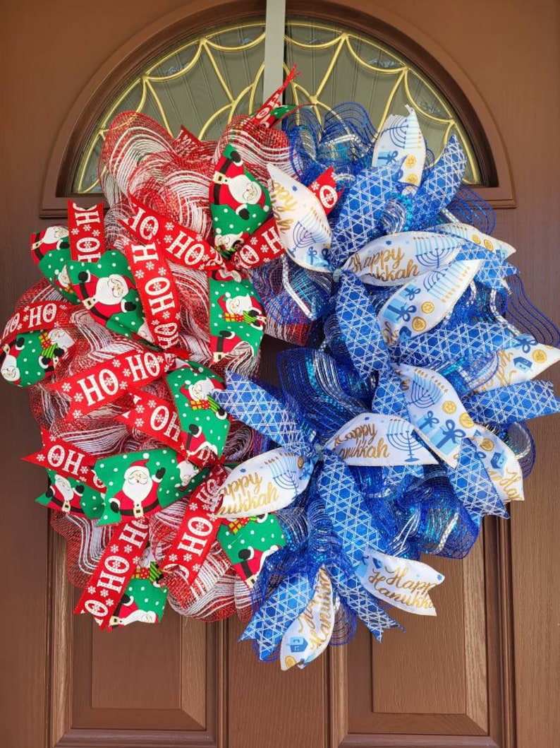 Chrismukkah, Christmas Hanukkah wreath, Interfaith Holiday wreath, Interfaith home decor, Front door holiday wreath, Mixed faith holiday image 1
