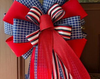 Patriotic Bow for Wreath, Patriotic Wreath Bow, Red White and Blue Bow, Military Decor, 4th of July bow, Premade Lantern Bow, Stars and