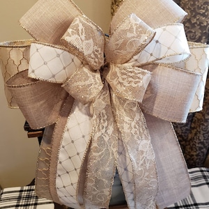 Bow for Wreath, Wreath Bows, Farmhouse Bow, Wedding Bow, Cream Bow, Burlap Bow, Gift Bow, Premade Bow, Decorative Bow, Lace Bow, Neutral Bow