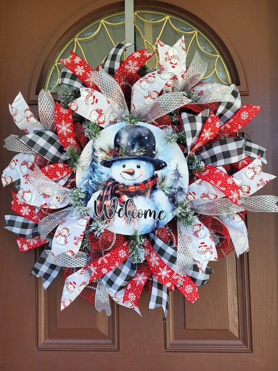 Large Red Winter Snowman Wreath, Rustic Winter Decor, Winter