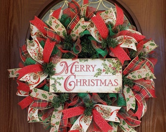 Christmas wreath, Traditional Christmas wreath, Christmas Decoration, Farmhouse Christmas wreath, Merry Christmas Wreath, Large Wreath