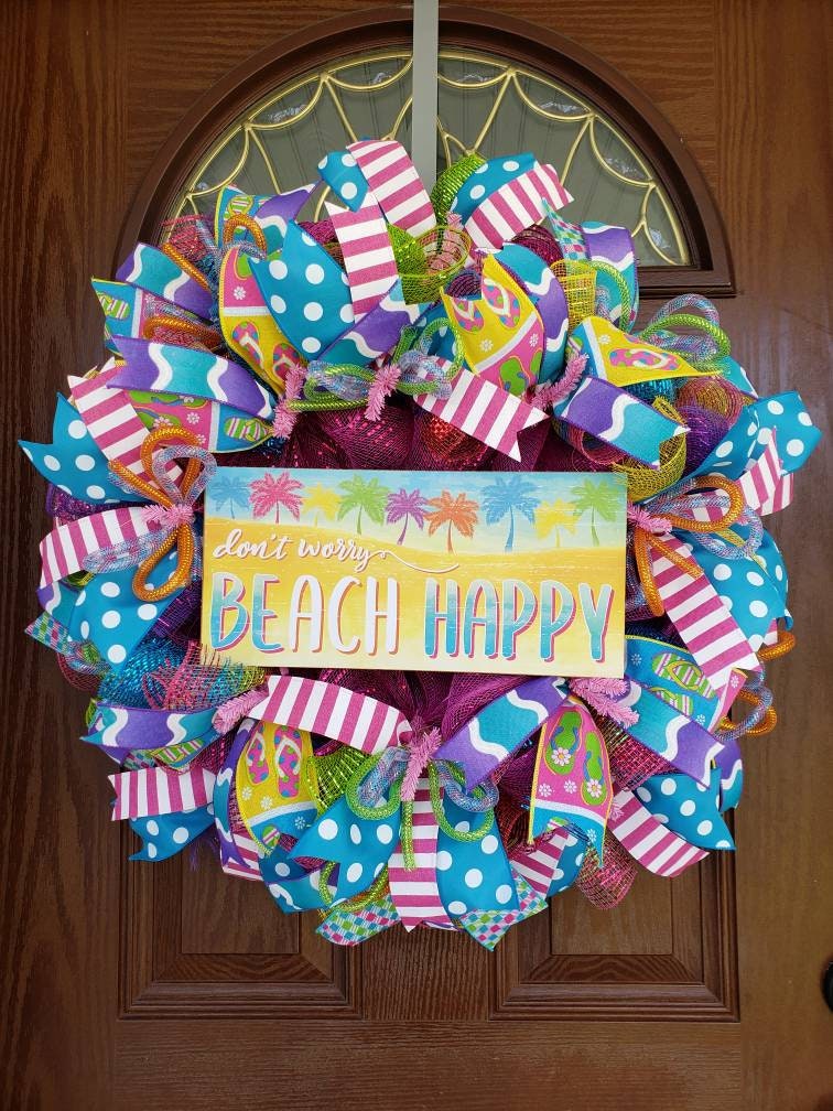 Summer wreath Beach wreath Don't Worry Beach Happy | Etsy