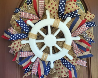 Nautical wreath, Patriotic Wreath, Beach Wreath, Navy wreath, Marine Corp, Sailing Decor, Front door wreath, Boating Gift, Handmade Gift