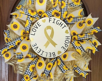 Childhood cancer wreath, Childhood cancer awareness wreath, Cancer ribbon, Childhood cancer survivor, Gold Cancer wreath, Pediatric cancer