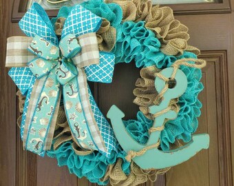 Beach wreath for front door, Burlap wreath, Anchor wreath, Nautical wreath, Anchor wall decoration, Front door wreath, Coastal wreath, Decor