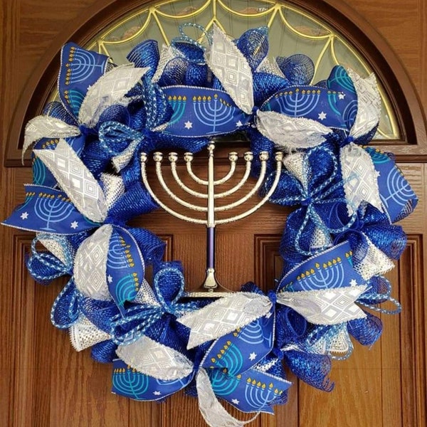 Hanukkah decoration, Hanukkah wreath, Hanukkah decor, Menorah, Star of David, Chanukah decoration, Jewish Wedding Gift Idea, Blue wreath