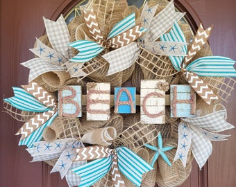 Beach front door wreath, Beach wreath, Burlap wreath, Beach decor, Gift for her, Beach house decor, Summer wreath, Year round wreath