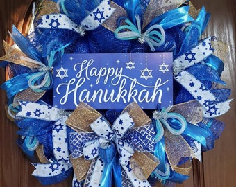 Hanukkah wreath, Chanukah wreath, Hanukkah decoration, Jewish holiday decoration, Hanukkah front door wreath, Blue decoration