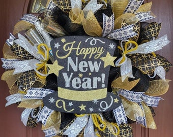 New Years Wreath, Winter wreath, Black and gold wreath, New Year's wreath, New Year's decoration, 2024 wreath, All January wreath