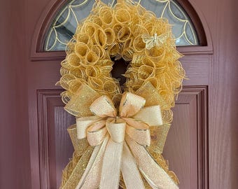 Childhood cancer awareness wreath, Cancer ribbon, Awareness wreath, Childhood cancer survivor, Cancer awareness, Gold bow, Butterfly