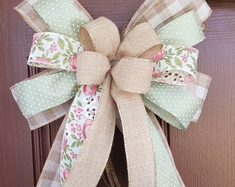 Farmhouse bow for wreath, Wreath bow, Neutral bow, Lantern Bow, Premade bow, Summer bow, Decorative Floral Bow, Cottage Style Home Decor