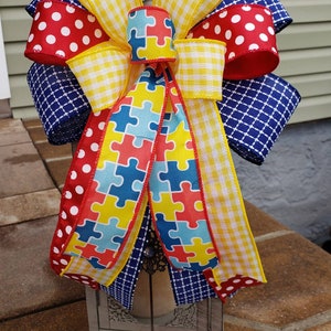 Autism bow, Autism Awareness decor, Autism Wreath bow, Autism Awareness ribbon, Autism ribbon, Autism Awareness bow, Bow for Wreath
