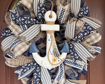 Blue Nautical wreath for front door, Anchor wreath, Beach House Wreath, Blue Wreath, Navy wreath, Coastal Door Decor, Mother’s Day Gift