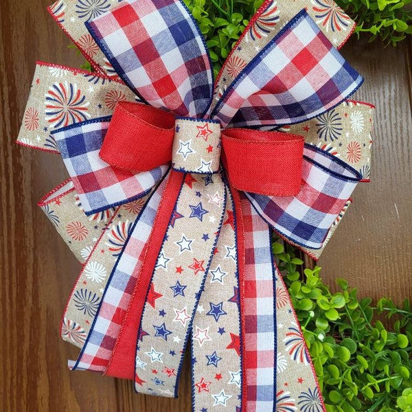 Bow for Wreath, Patriotic Bow, Wreath Bow, Wreath Embellishment, Decorative Bow, Lamppost Bow, Lantern Bow, Long Tails, Patriotic Decoration