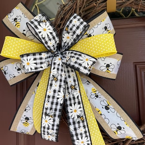 Bee bow, Yellow Bee Wreath Bow, Bumble Bee Bow, Yellow Black Bow, Lantern Bow, Gift bow, Decorative bow, Gift Basket Bow, Bee Decor, Premade