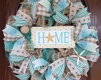 Beach wreath for front door, Coastal wreath, Beach house decor, Gift for her, Seashell wreath, Large wreath, Teal wreath, Summer wreath