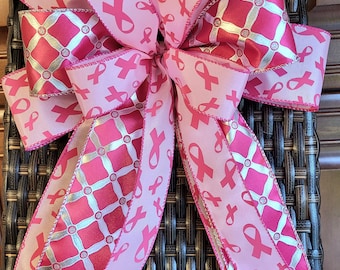 Breast cancer awareness bow, Cancer ribbon, Awareness ribbon, Breast cancer survivor, Cancer awareness decoration, Pink bow, Bow for Wreaths