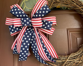 Patriotic Bow for Wreath, American Flag Bow, Red White and Blue Bow, July 4th Wreath Bow, 4th of July bow, Premade Decorative bow, Stars and