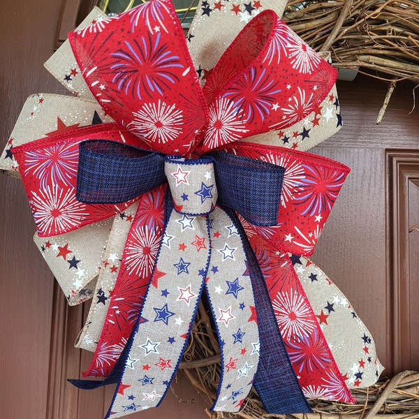 Bow for Wreath, Patriotic Bow, Wreath Bow, Wreath Embellishment, Decorative Bow, Lamppost Bow, Lantern Bow, Long Tails, Patriotic Decoration