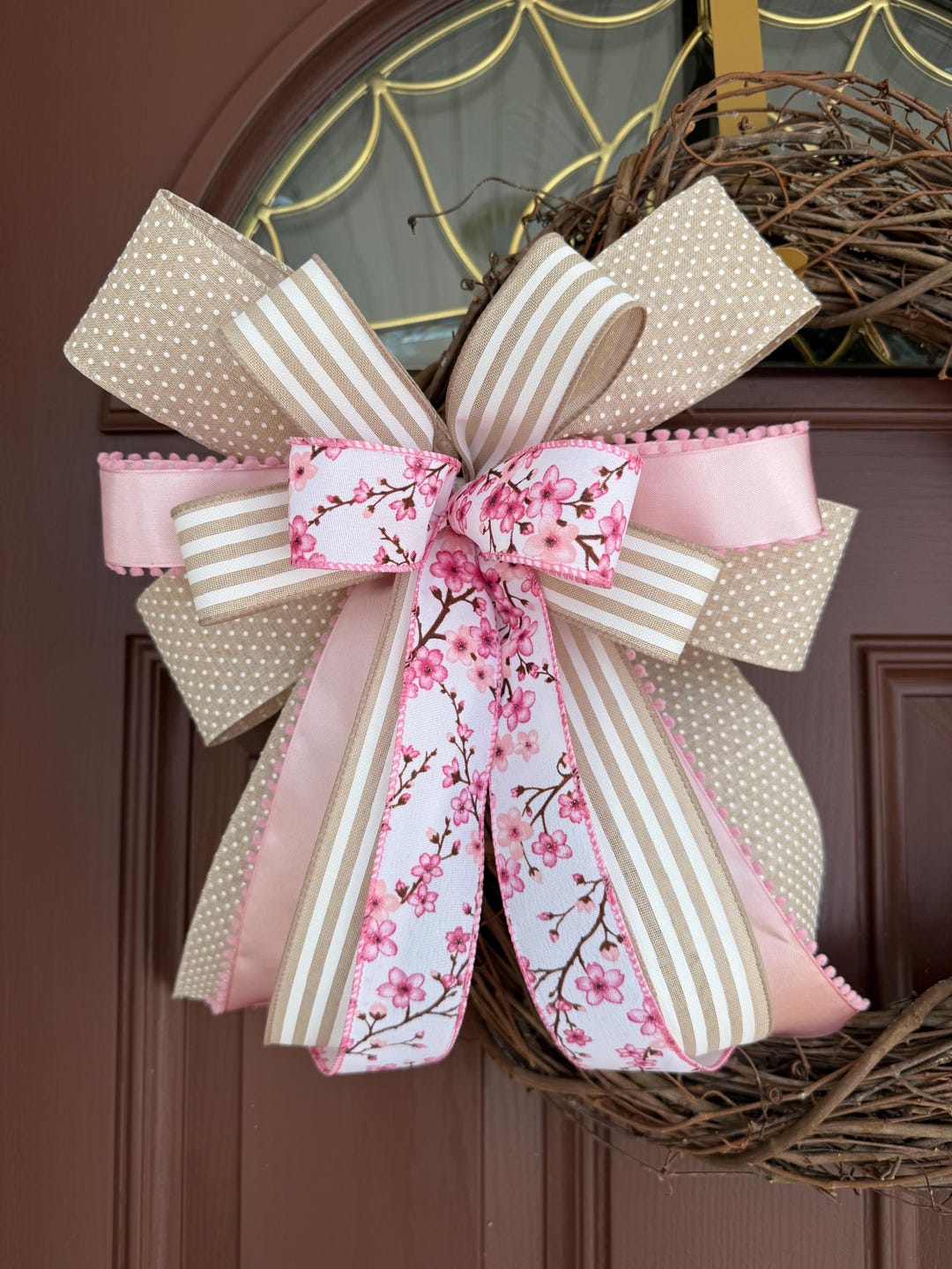 Pink Floral Spring Bow for Wreath, Cottage Style Wreath Bow, Premade ...