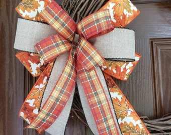 Fall bow, Wreath bow, Fall decor, Autumn decor, Fall lantern bow, Fall decoration, Thanksgiving bow, Plaid print fall bow, Candle bow