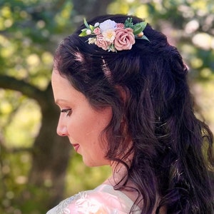 Pink Flower Hair Comb, Vintage Hair Piece, Bridal Hair Comb, Pink Rustic Flower Hair Comb