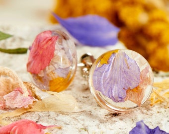 Bright – Colourful Preserved Delphiniums and Calendula Petals Sterling Silver Stud Earrings, Flower Stud Earrings, Resin Earrings